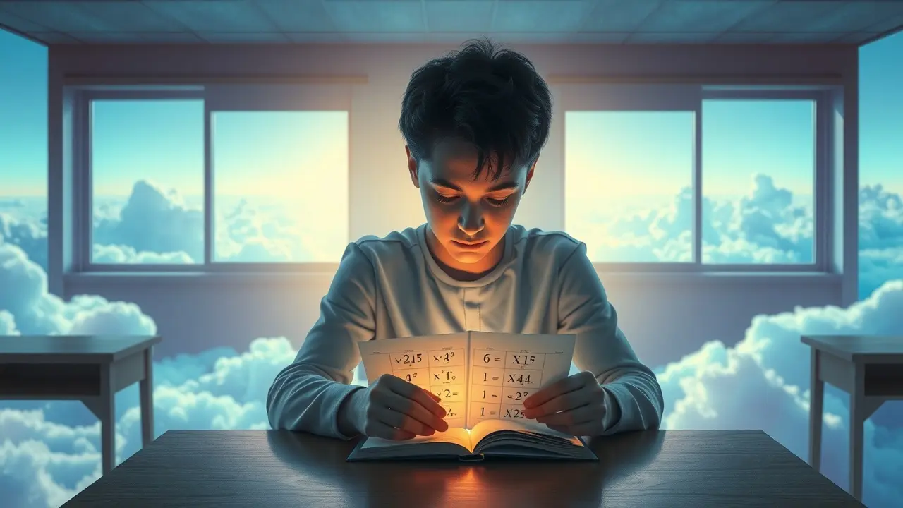 Pessoa fazendo um teste em sala de aula surreal.