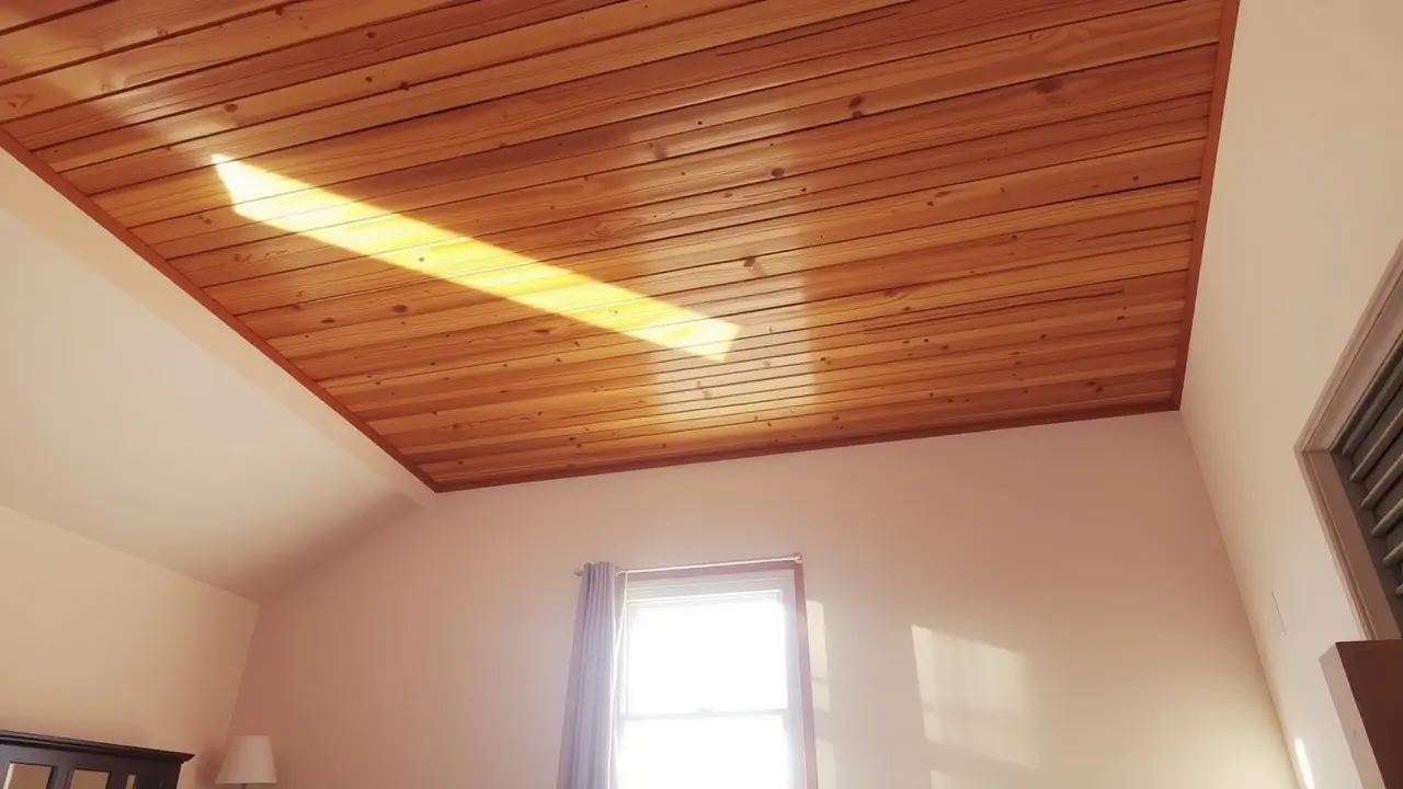 Quarto aconchegante com teto de madeira resistente.