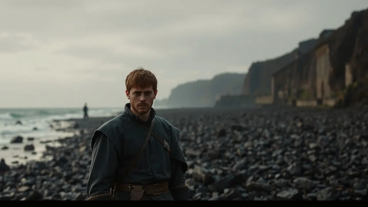 Theon Greyjoy com expressão melancólica em praia rochosa.