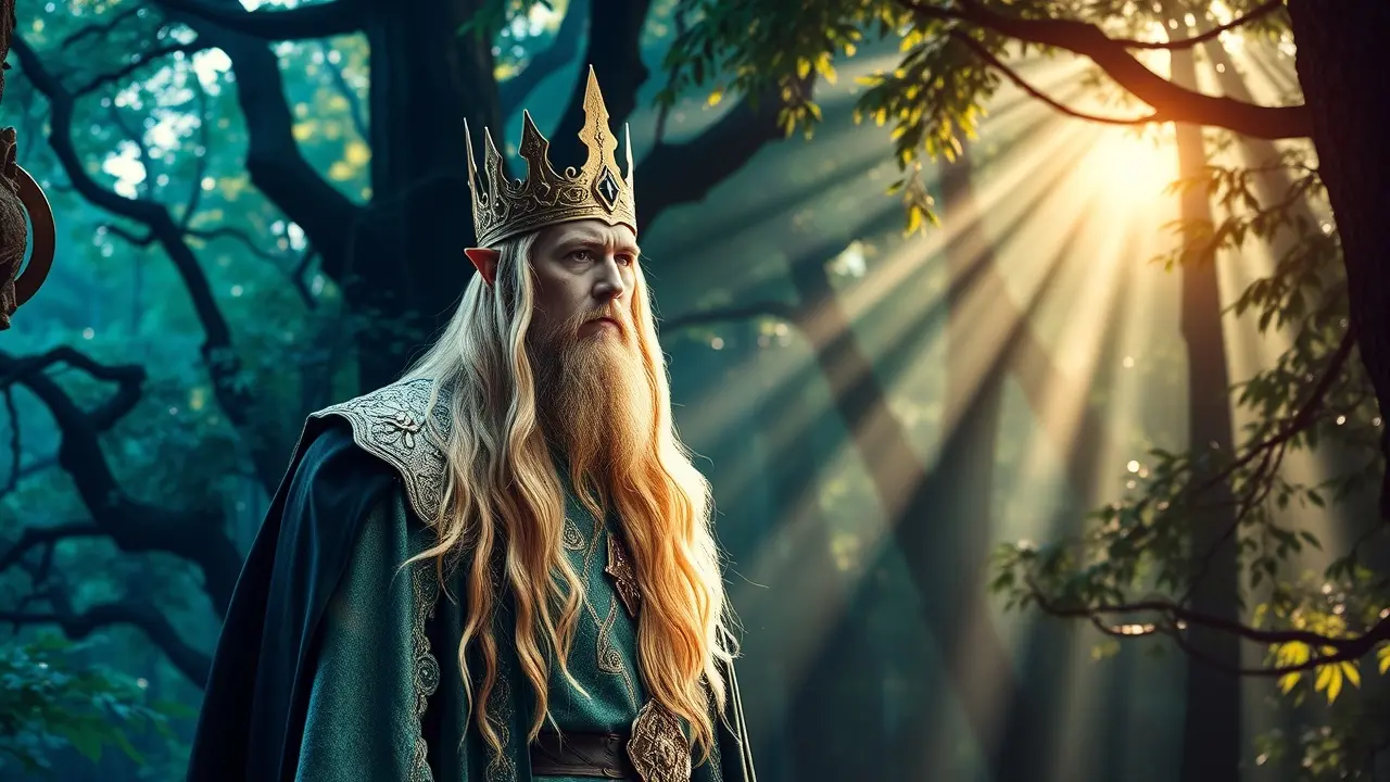 Sonhar com Thranduil: Descubra o Significado Oculto! Thranduil, o Rei Elfo, em seu reino da floresta.
