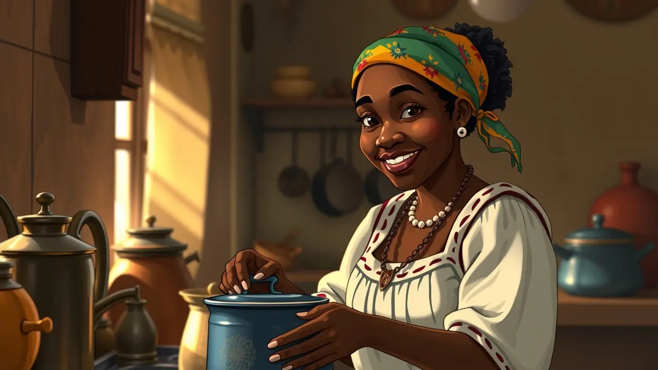 Significado de Sonhar com Tia Anastácia: Interpretações e Simbolismos Tia Anastácia sorrindo na cozinha.