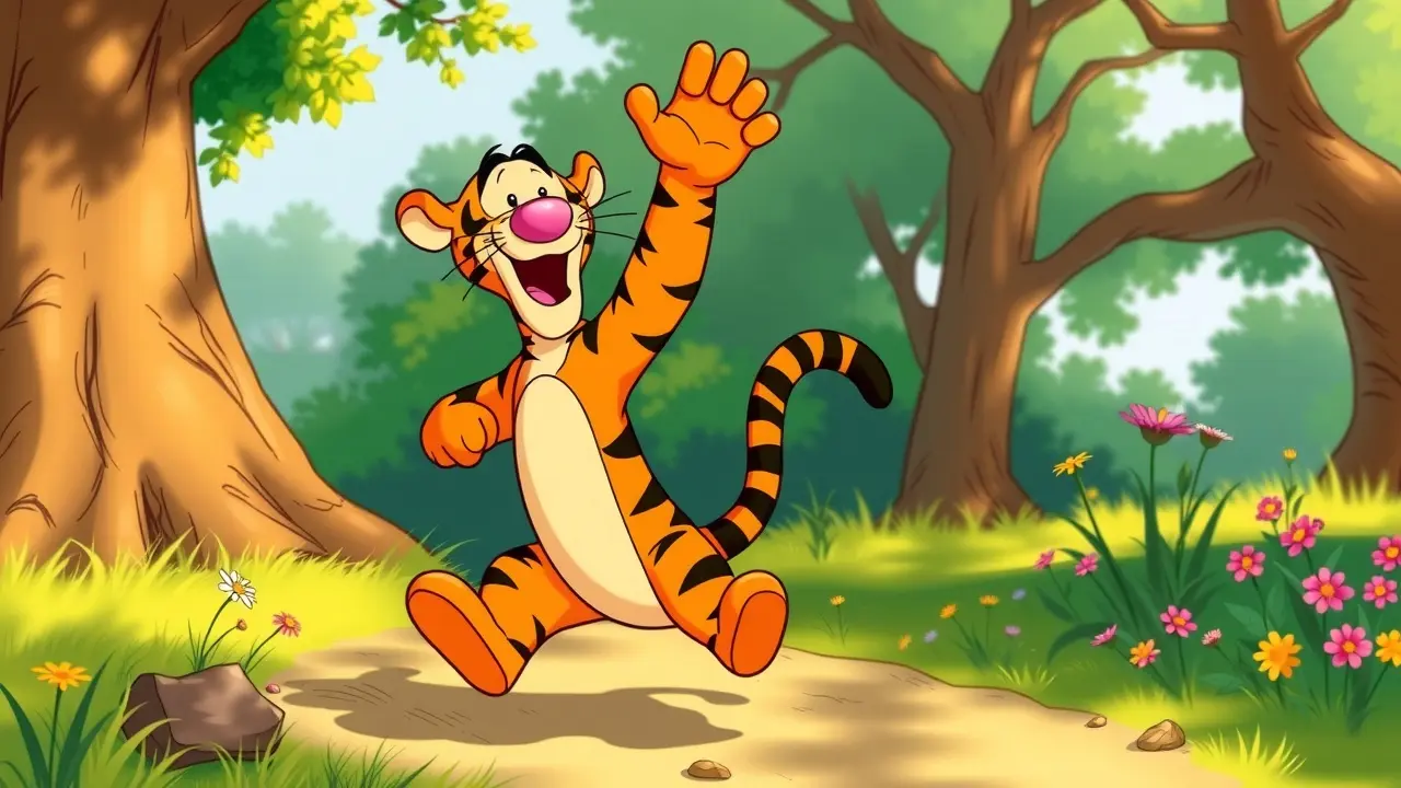 Sonhar com Tigre (Tigger): Desvende o Significado! Ilustração alegre do Tigger pulando na floresta.