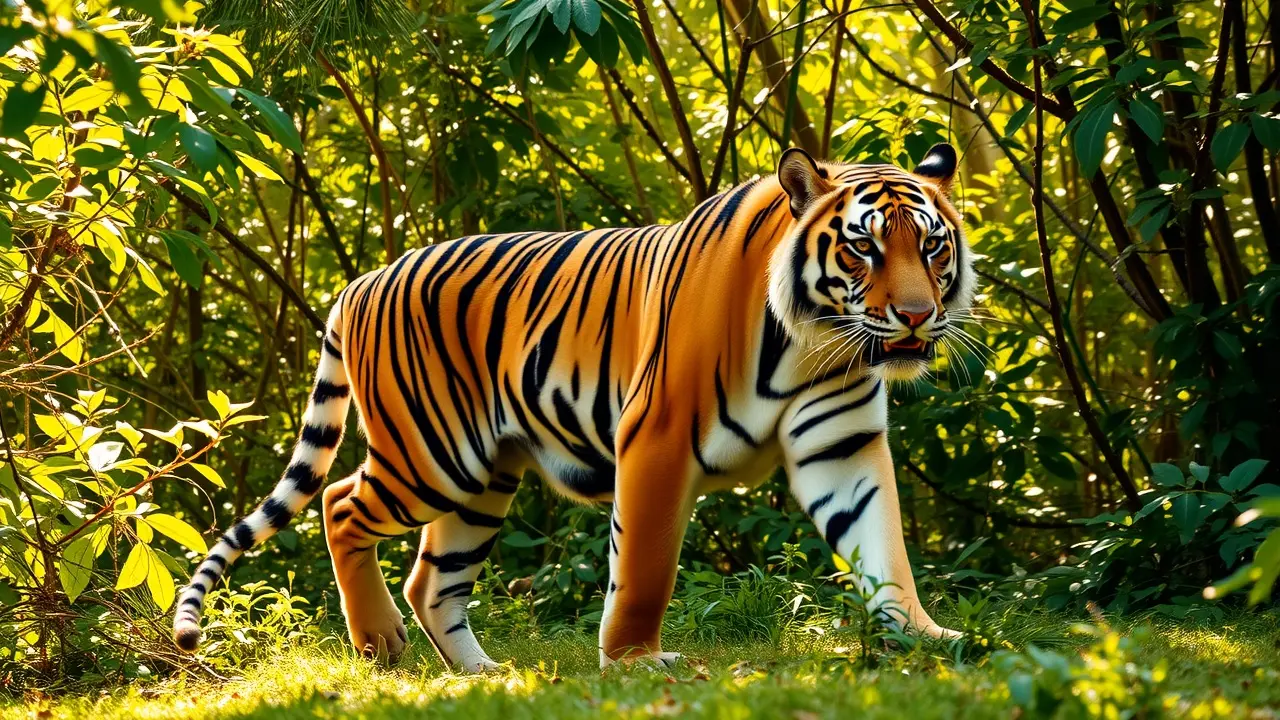 Tigre caminhando na selva