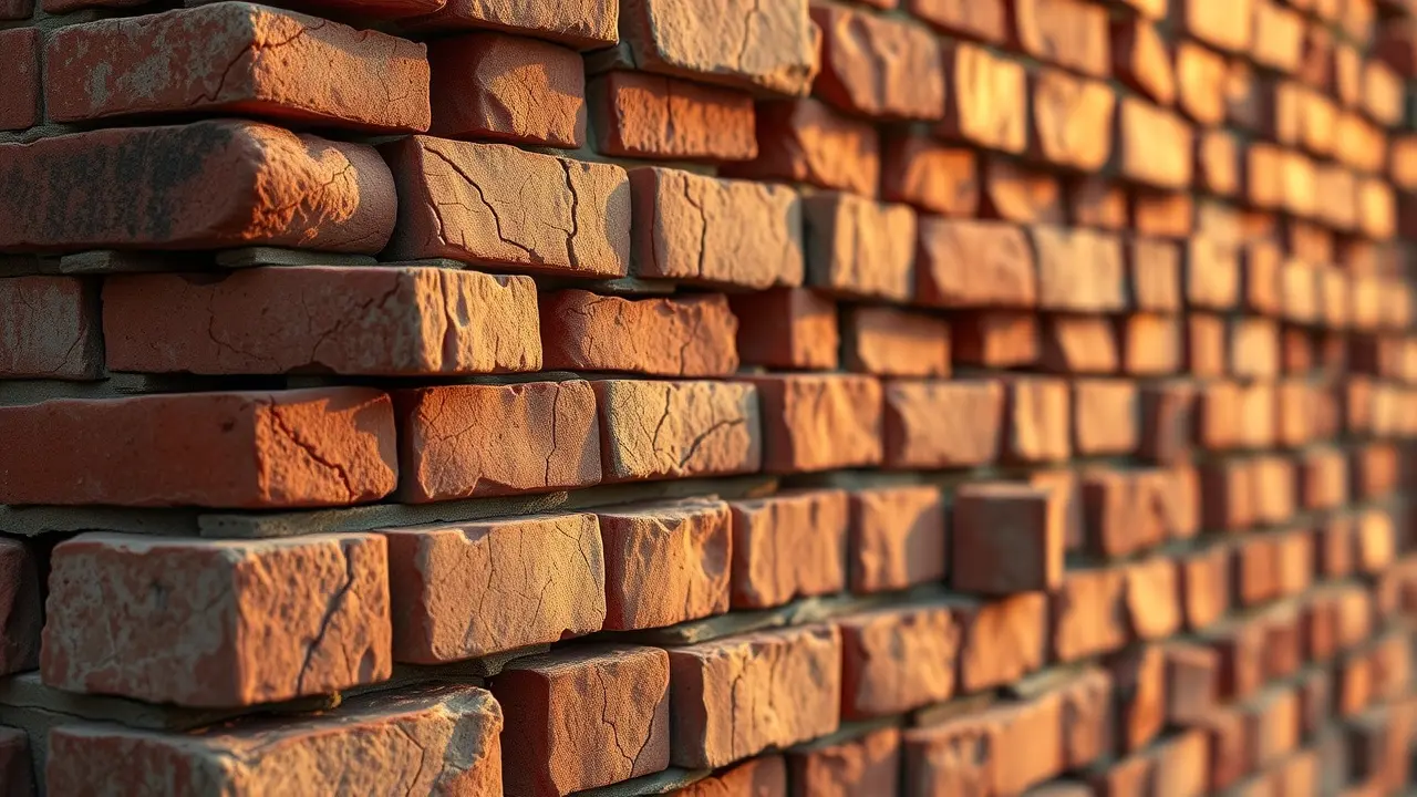 Pilha de tijolos vermelhos e rachados sob a luz do sol.