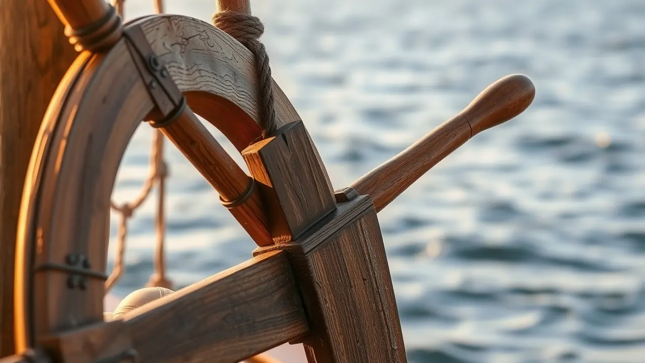 Significado de Sonhar com Timão: Desvendando os Segredos da Direção em Seus Sonhos Timão de navio sob a luz do amanhecer