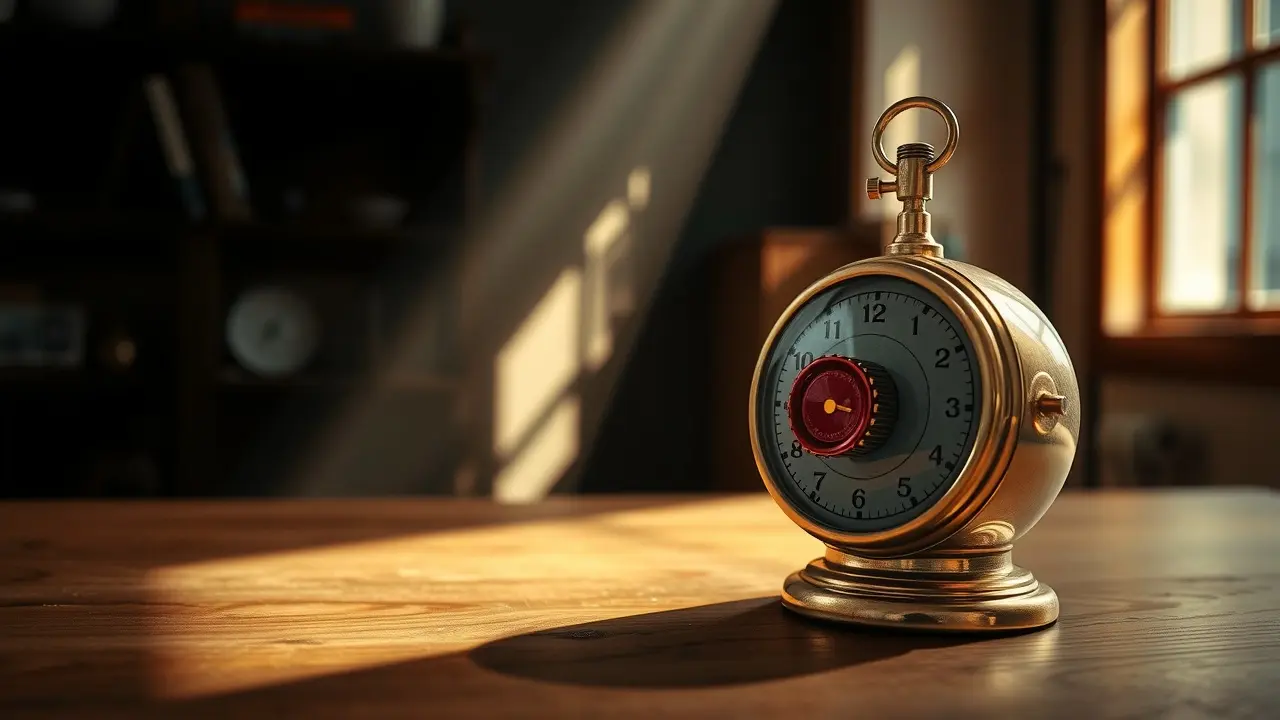 Timer antigo em mesa de madeira iluminado pelo sol