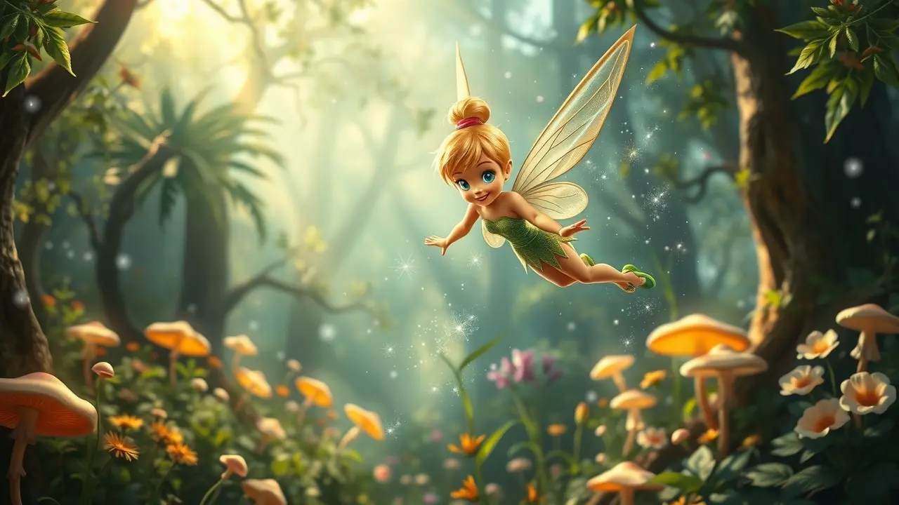 Sonhar com Tinkerbell: Descubra os Significados e Simbolismos Tinkerbell voando em floresta mágica.