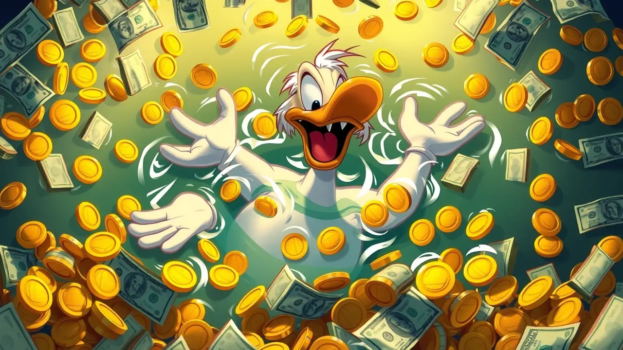 Tio Patinhas nadando em dinheiro.