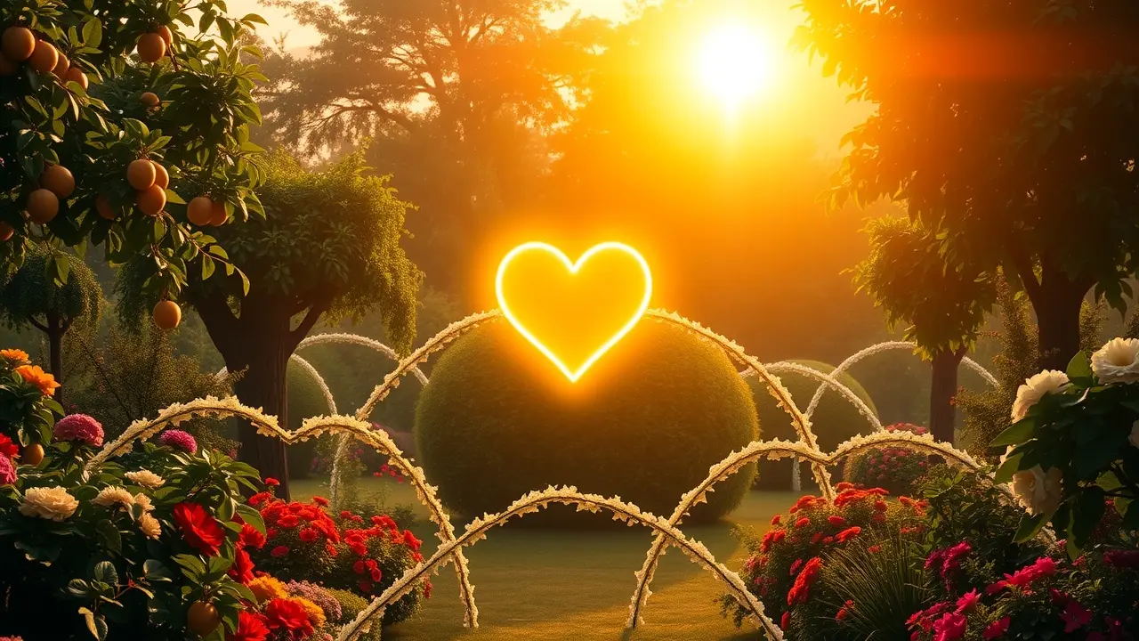 Sonhar com Tiphareth: Desvende os Mistérios e Significados Ilustração de um coração dourado em um jardim exuberante, representando Tiphareth