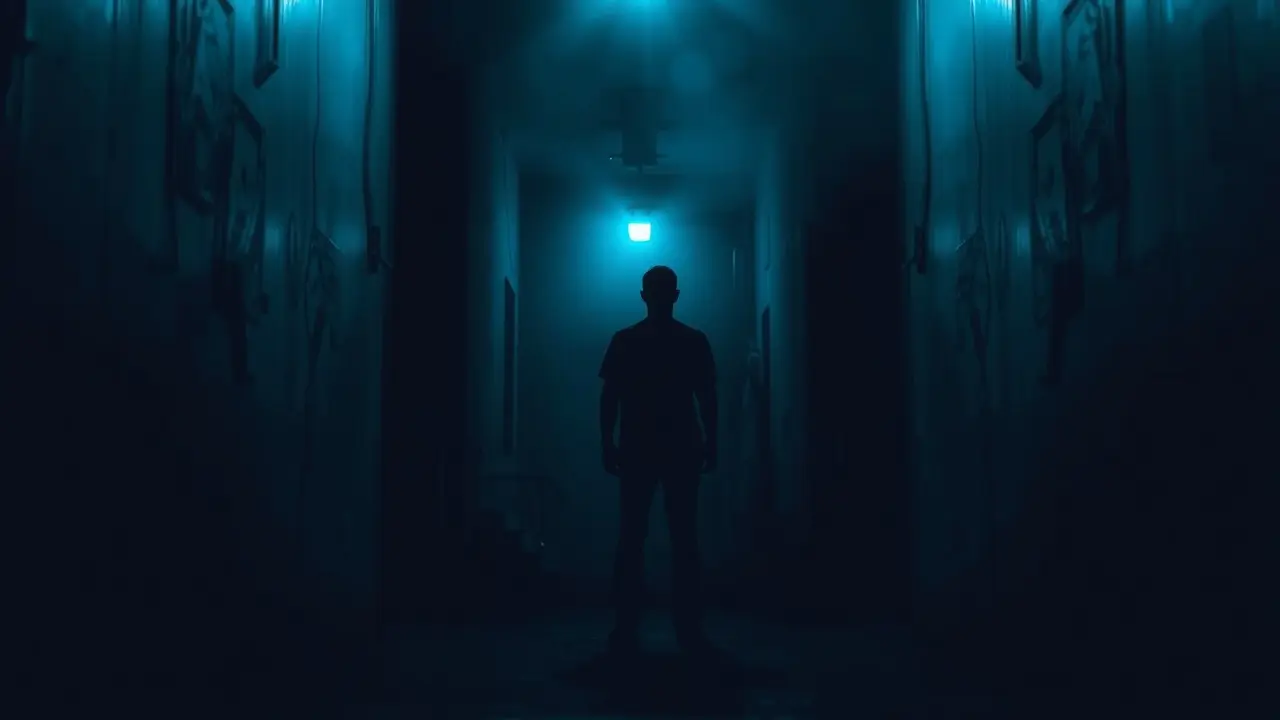 Figura assustada em beco escuro, simbolizando sonhar com tiro