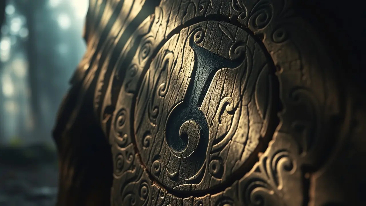 Significado de Sonhar com Tiwaz: Justiça, Coragem e Sacrifício Runa Tiwaz entalhada em madeira antiga.