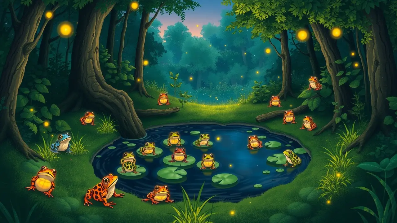 Diversos sapos coloridos em ambiente natural.