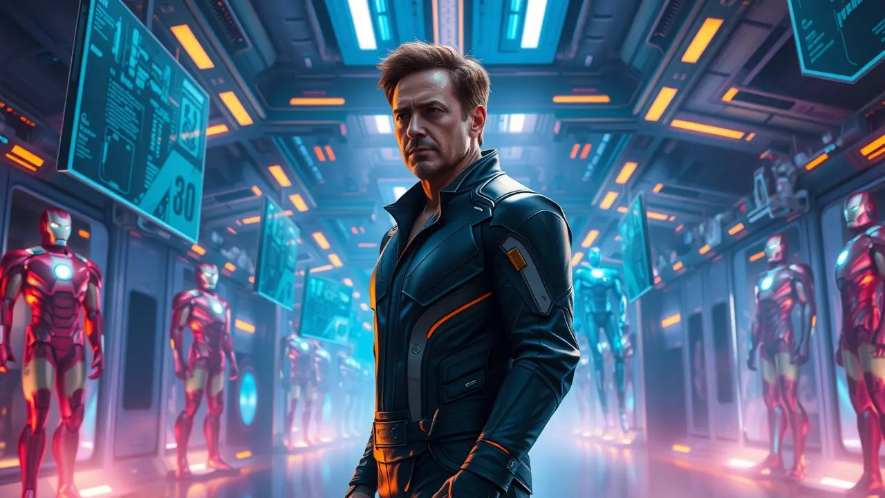 Tony Stark em oficina futurística, sonho e inovação.
