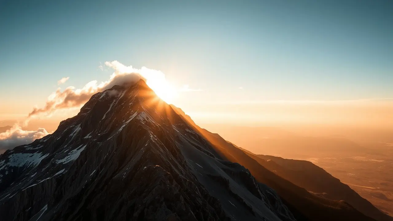 Visão do topo da montanha iluminada pelo sol