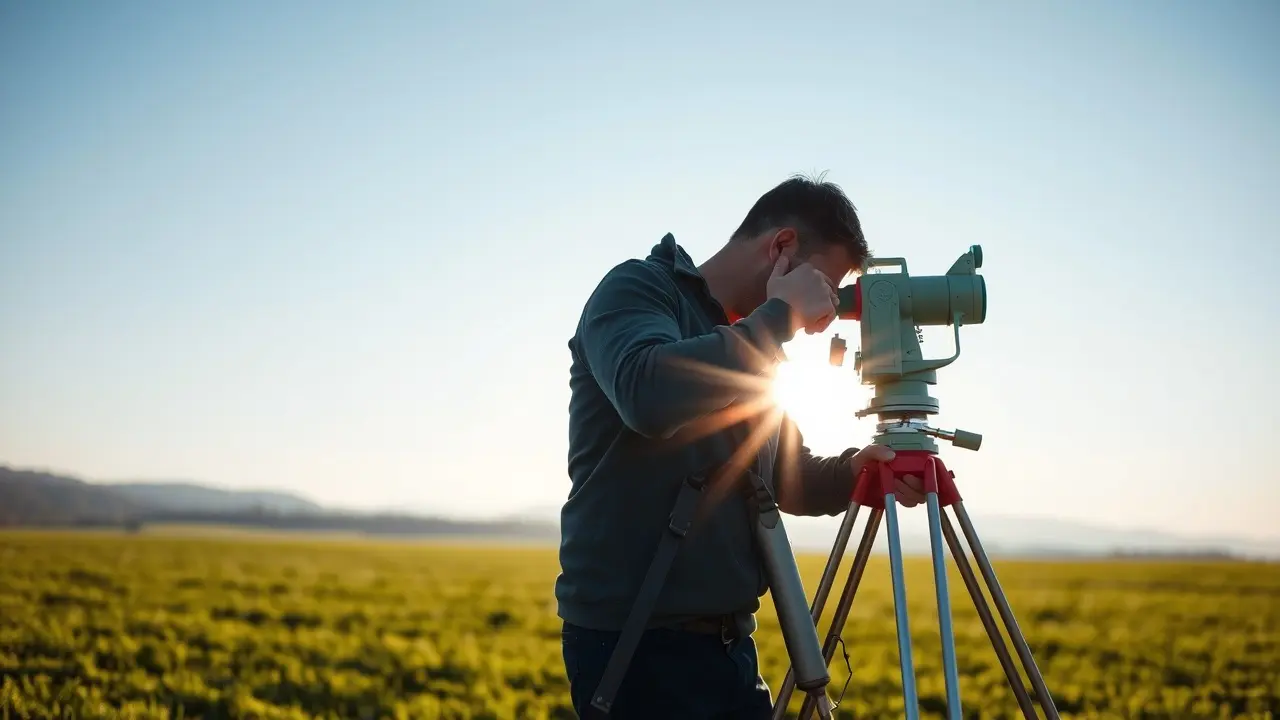 Topógrafo medindo um campo verde