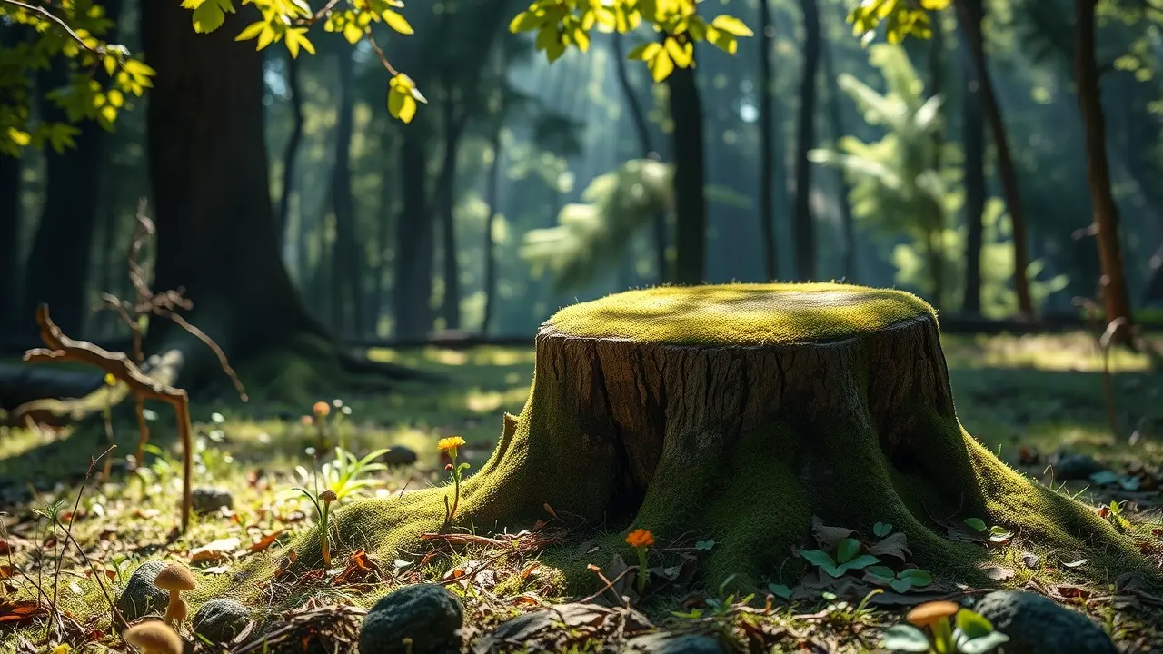 Toquinho coberto de musgo em clareira ensolarada