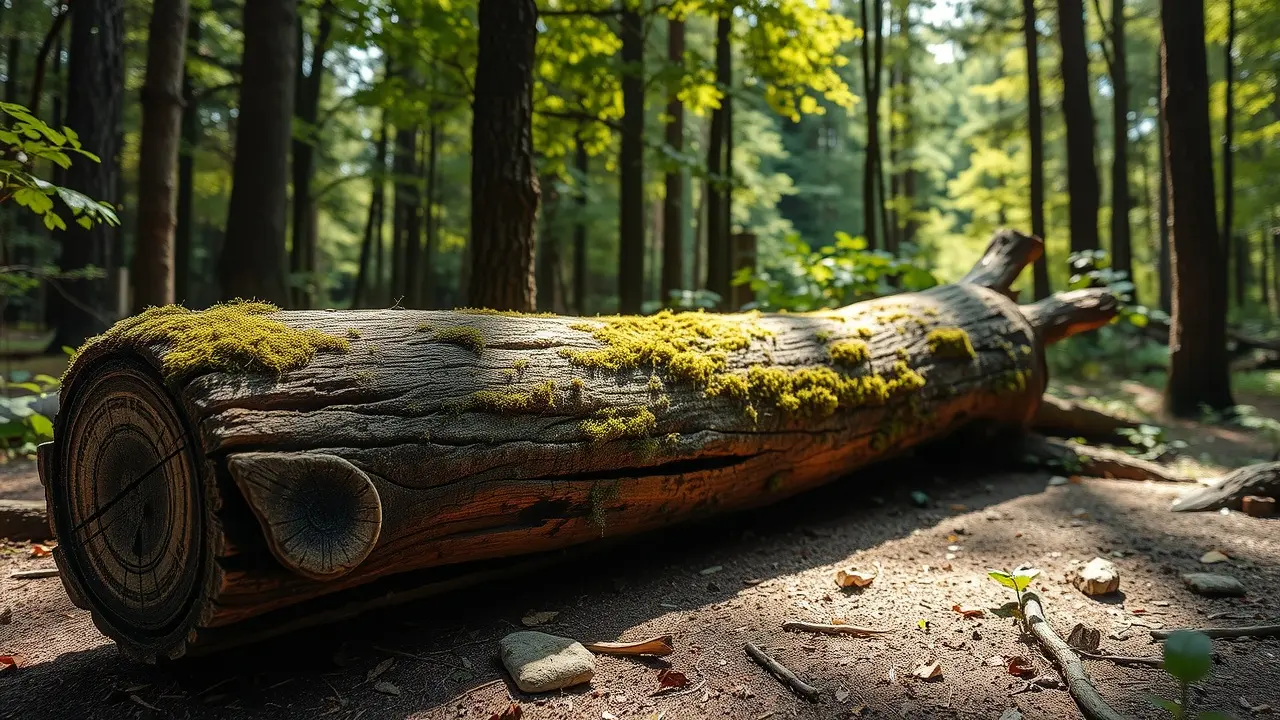 Tora de madeira coberta de musgo em floresta ensolarada.