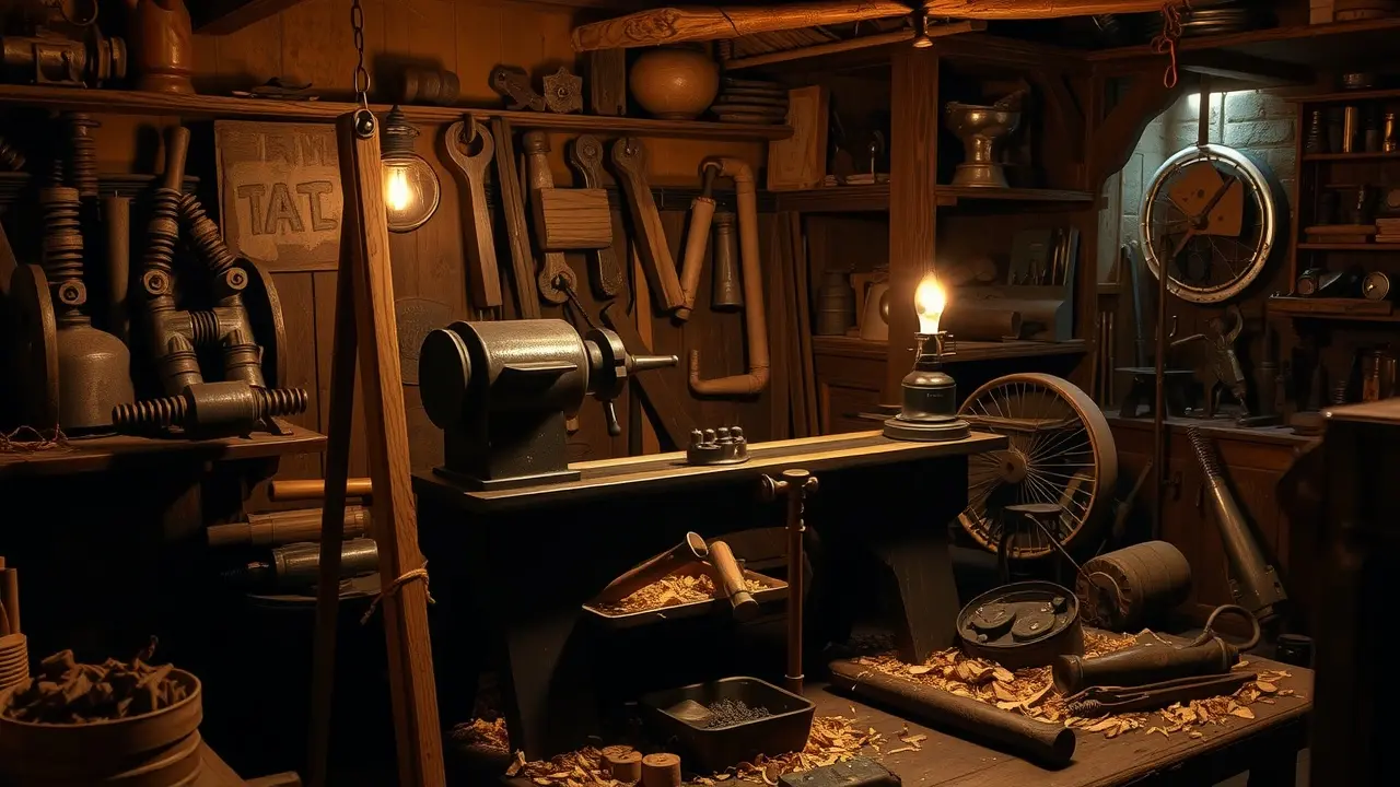 Oficina de tornearia com torno antigo e ferramentas.