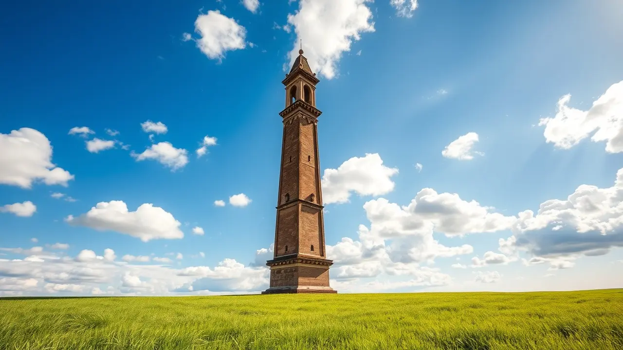 Significado de Sonhar com Torre: Decifre os Símbolos e Mensagens Torre antiga em campo verde sob céu azul.