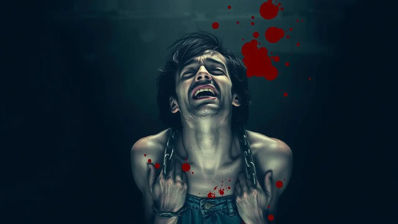 Pessoa acorrentada expressando angústia em sonho com tortura