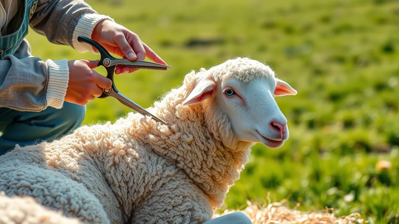 Sonhar com Tosquia: Desvende os Significados Ocultos Um pastor tosquiando uma ovelha em um campo ensolarado.