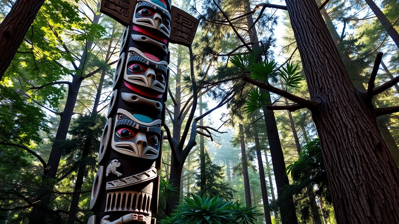 Significado de Sonhar com Totem: Desvendando Símbolos e Mensagens Totem ricamente entalhado em floresta antiga.