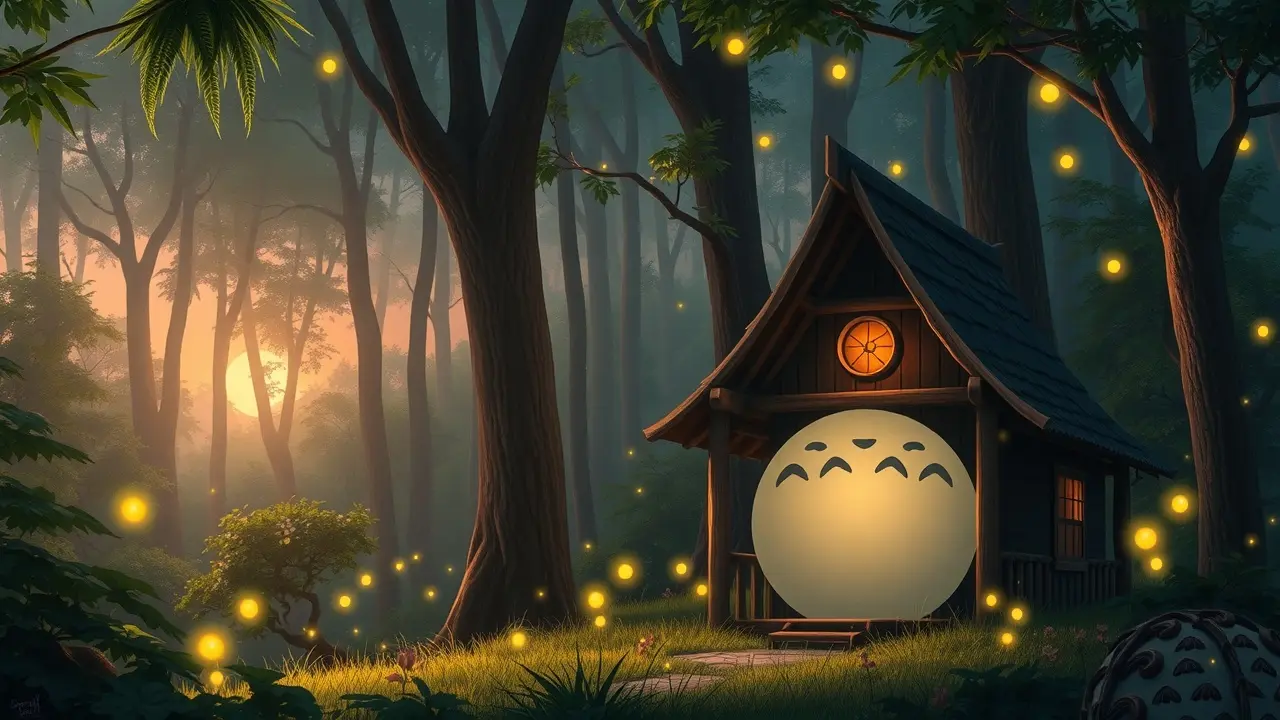 Significado de Sonhar com Totoro: Um Guia Completo Totoro protegendo casa na floresta ao entardecer.