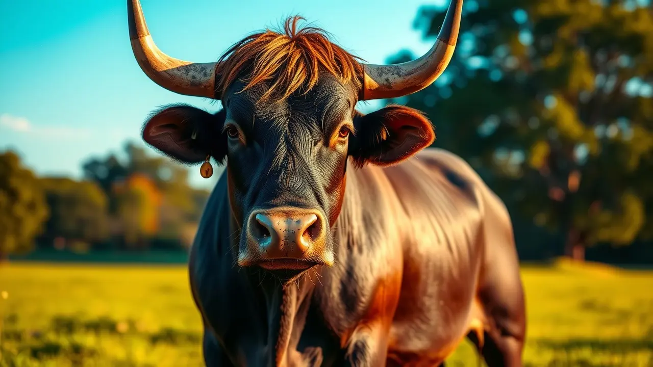Sonhar com Touro: Descubra os Significados e Interpretações! Touro imponente em pastagem verde sob luz solar suave.