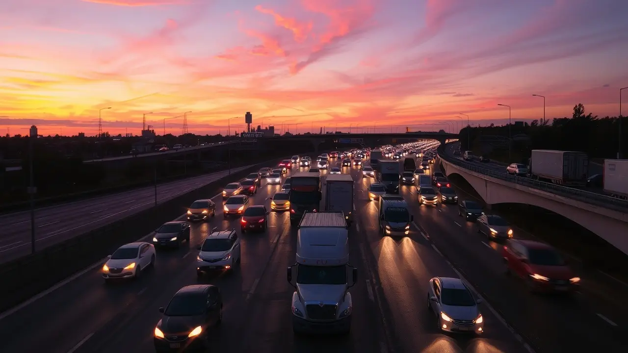 Tráfego intenso em rodovia ao pôr do sol