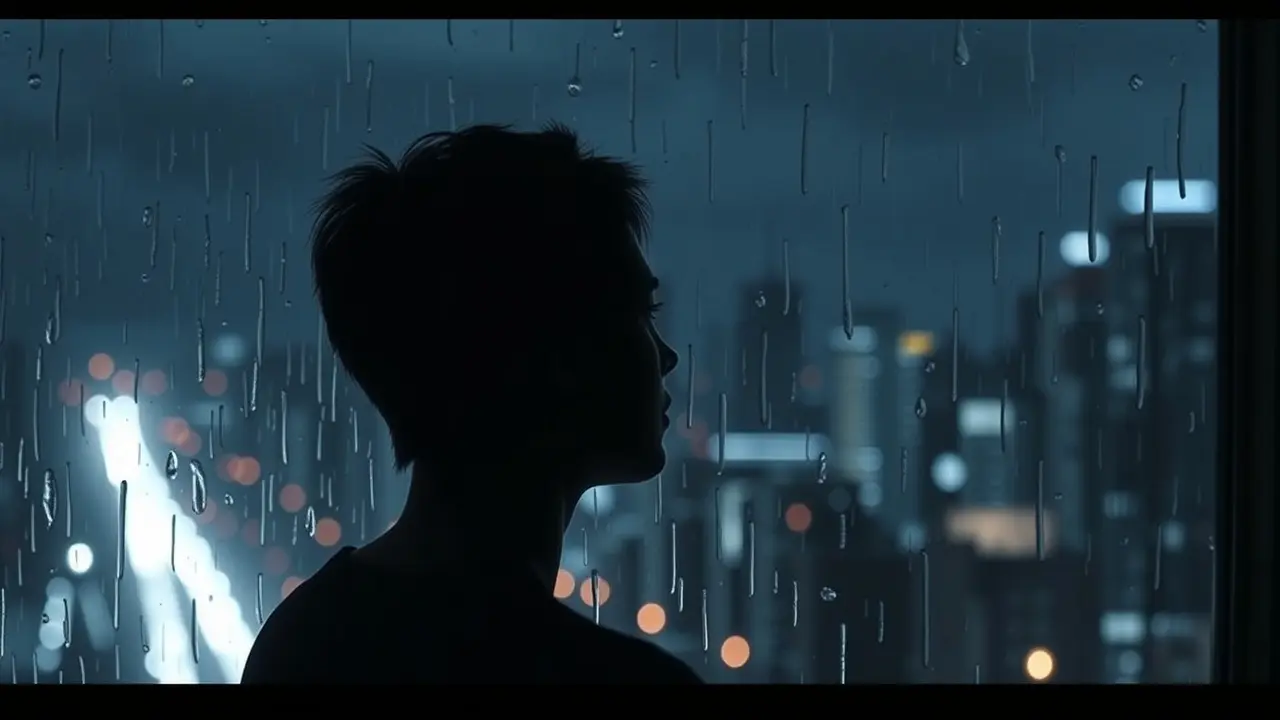 Pessoa olhando pensativamente pela janela em dia chuvoso