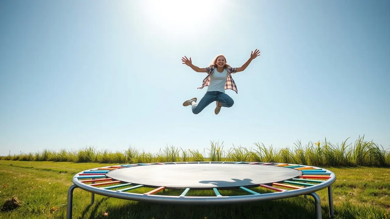 Pessoa saltando em trampolim com alegria.