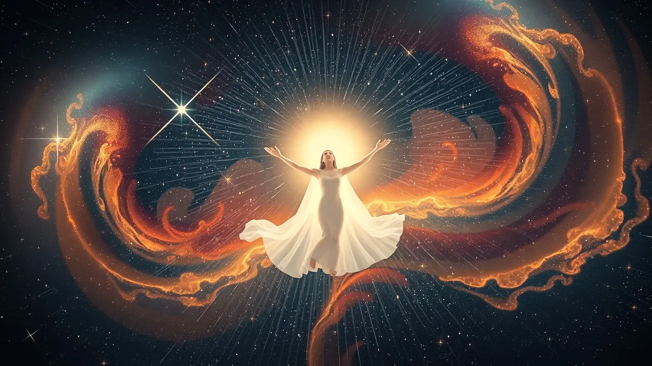 Significado de Sonhar com Transcendência: Uma Jornada Interior Figura etérea flutuando em uma galáxia, simbolizando transcendência.