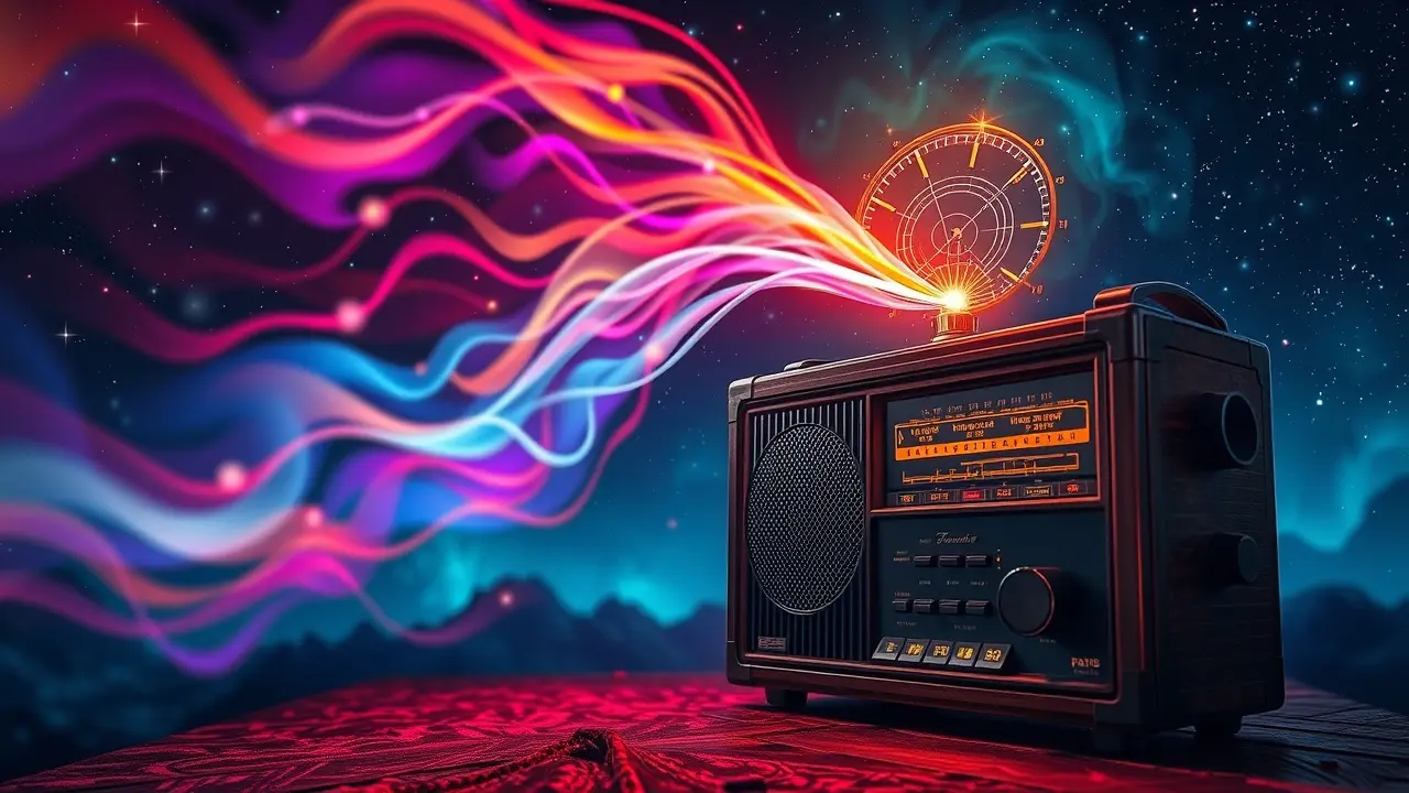 Sonhar com Transmissor: Descubra o Significado e as Mensagens Ocultas Transmissor de rádio emitindo ondas coloridas em sonho.