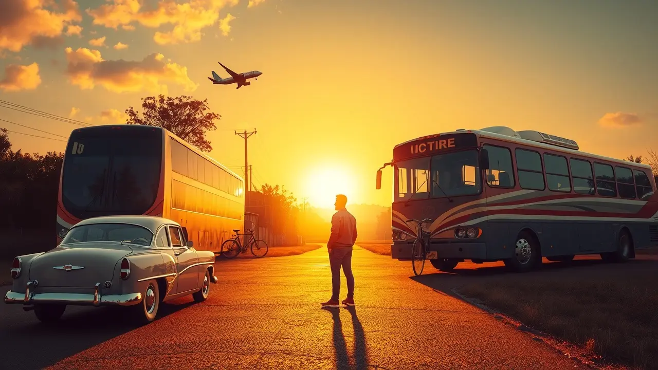 Homem na encruzilhada dos transportes, sonho e destino.