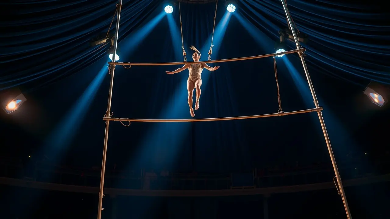 Acrobata saltando no trapézio em um circo iluminado