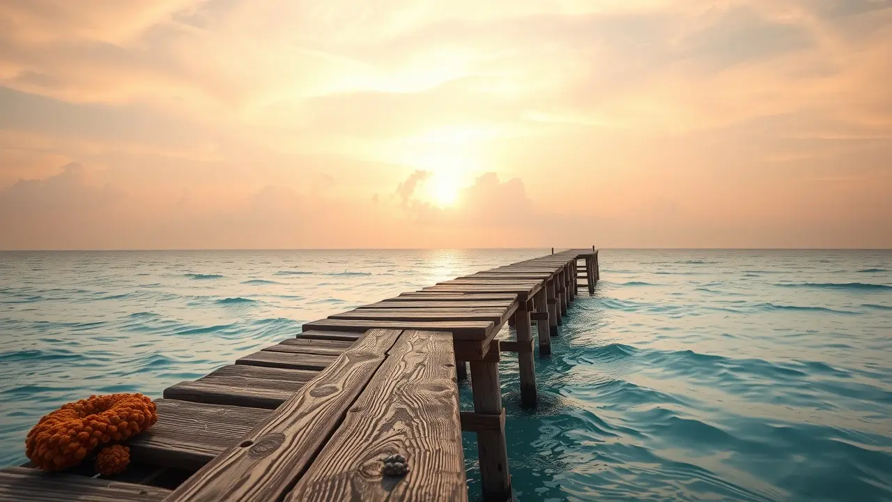 Significado de Sonhar com Trapiche: Interpretações e Simbolismos Trapiche de madeira ao pôr do sol, mar calmo.