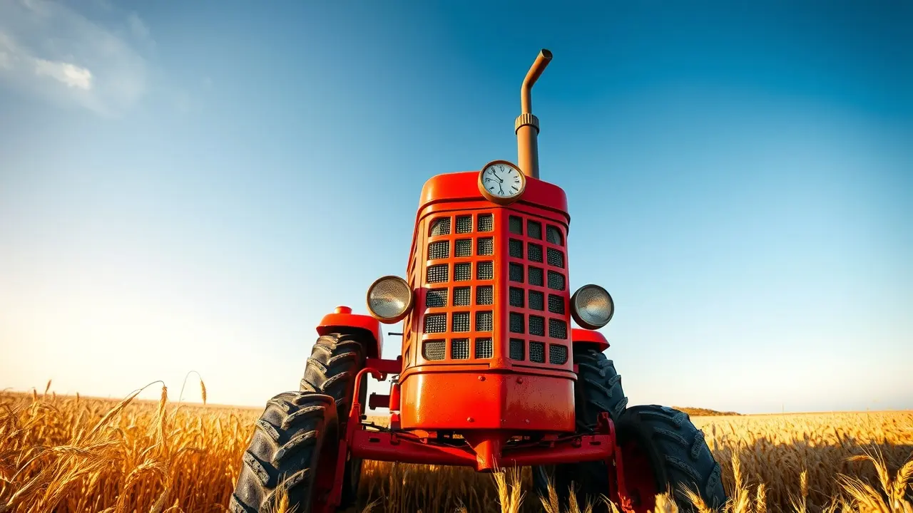 Trator vermelho em campo de trigo.