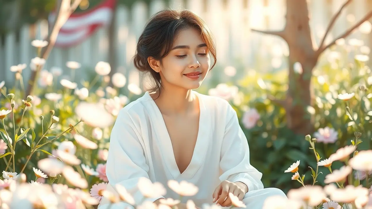 Pessoa em meditação em jardim florido, buscando cura emocional.
