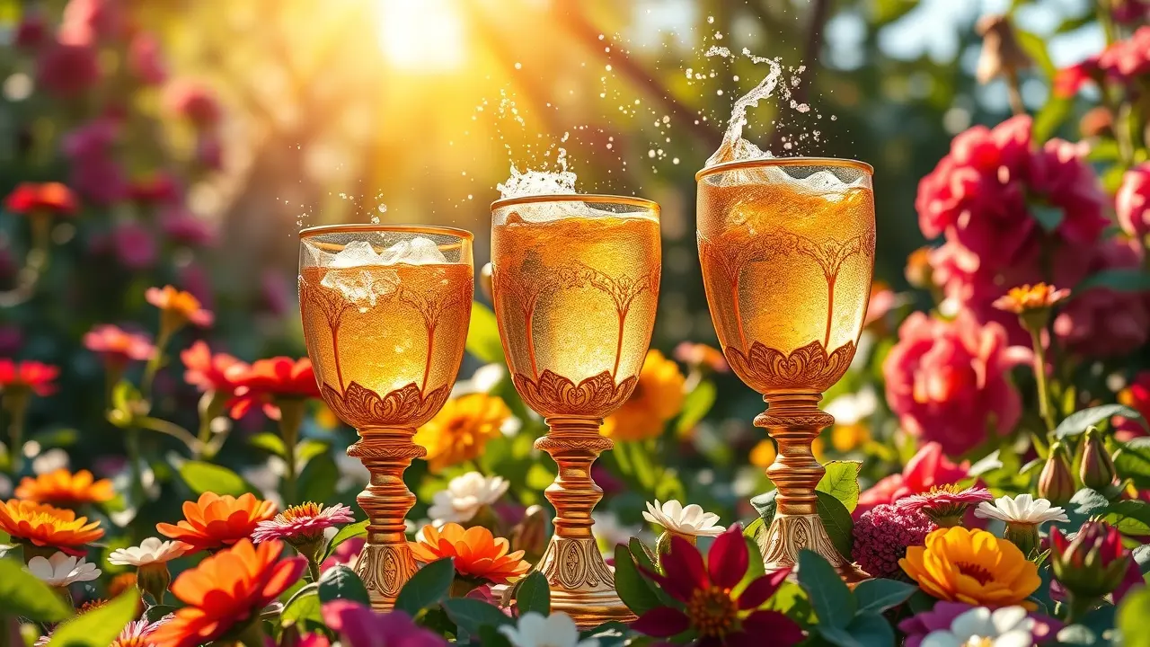 Três cálices dourados cheios transbordando em um jardim exuberante, simbolizando celebração e amizade.