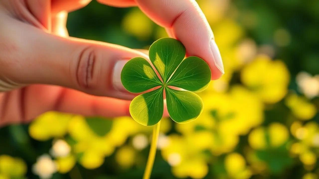 Mão segurando trevo de quatro folhas iluminado pelo sol