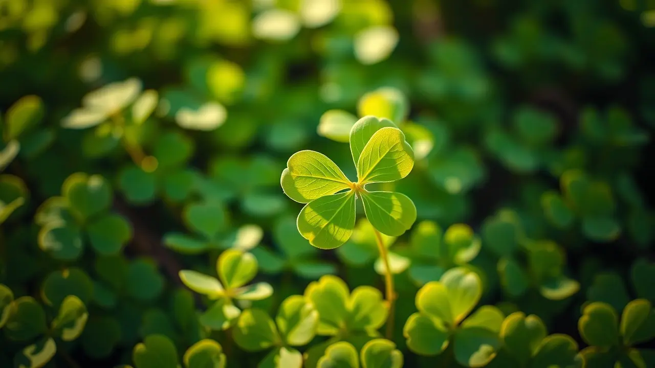 Trevo de quatro folhas em meio a trevos de três folhas.