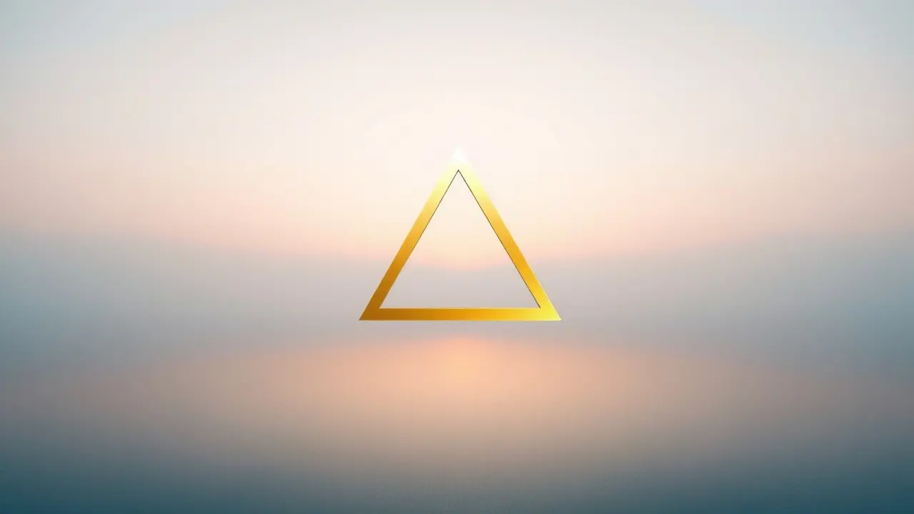 Significado de Sonhar com Triângulo: Decifre os Símbolos! Triângulo dourado sobre lago azul, refletindo equilíbrio e harmonia.