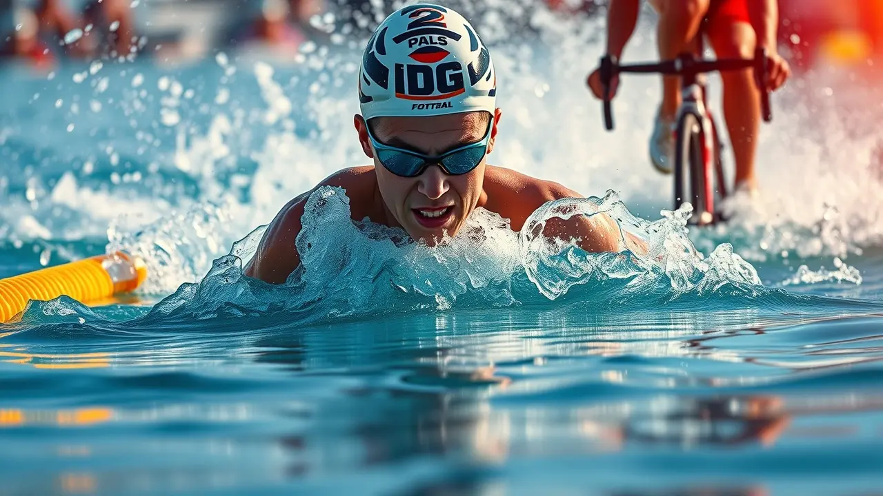 Triatleta competindo em transição de natação para ciclismo.