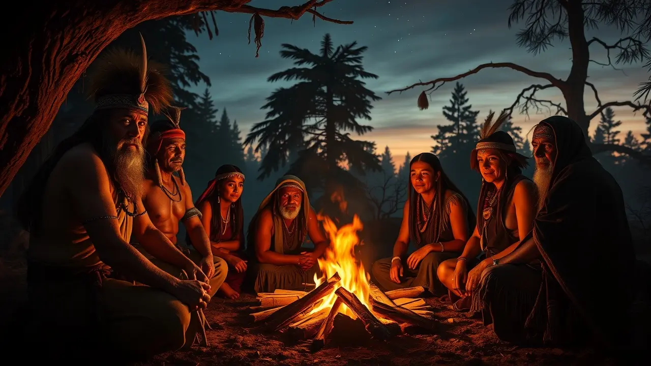 Grupo indígena ao redor de uma fogueira em sonho.
