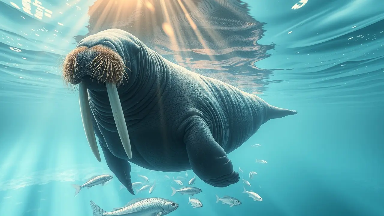 Um tricheco nadando nas águas geladas do Ártico.