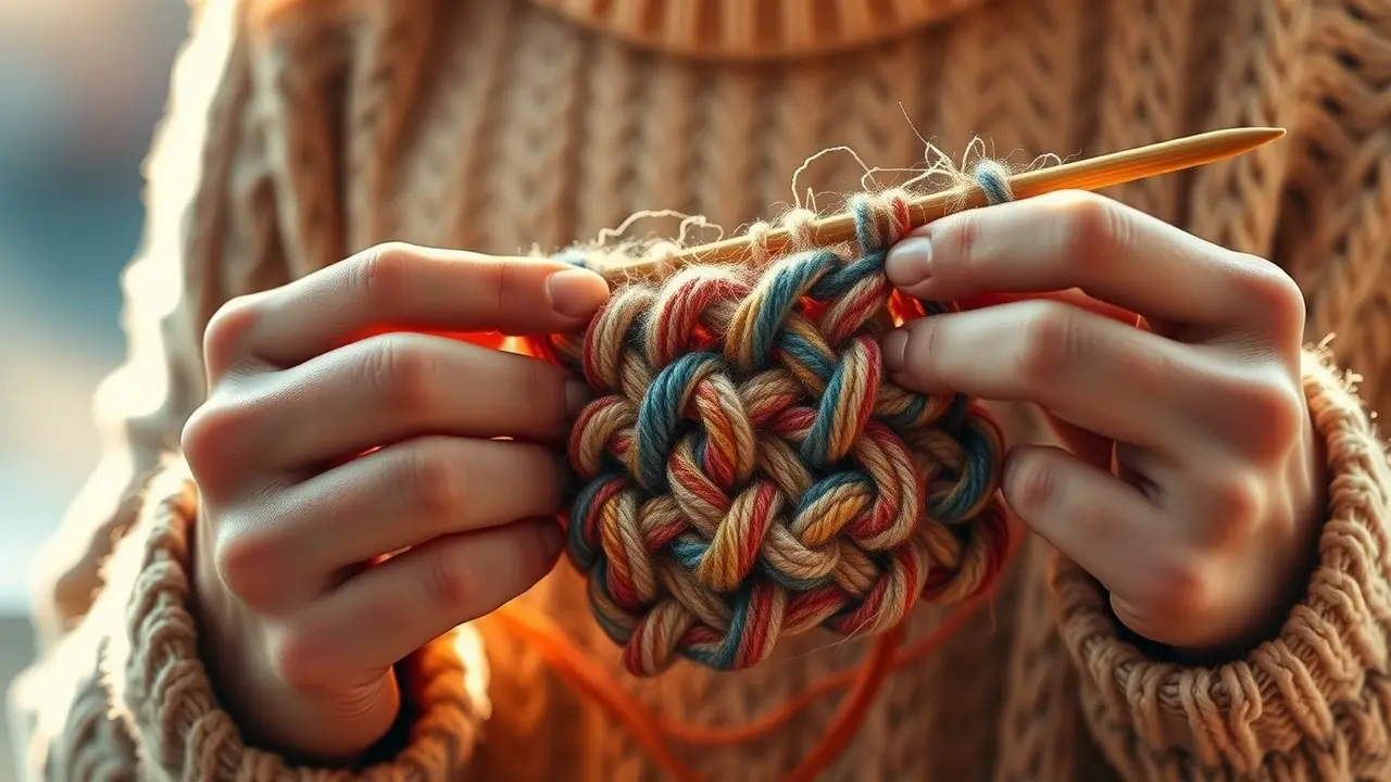 Mãos tricotando lã colorida