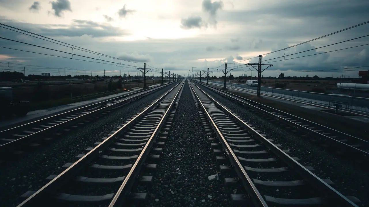 Trilhos de trem convergindo ao horizonte.