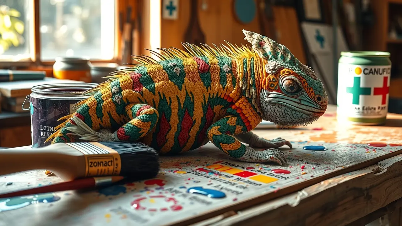 Trincha colorida sobre bancada de madeira.