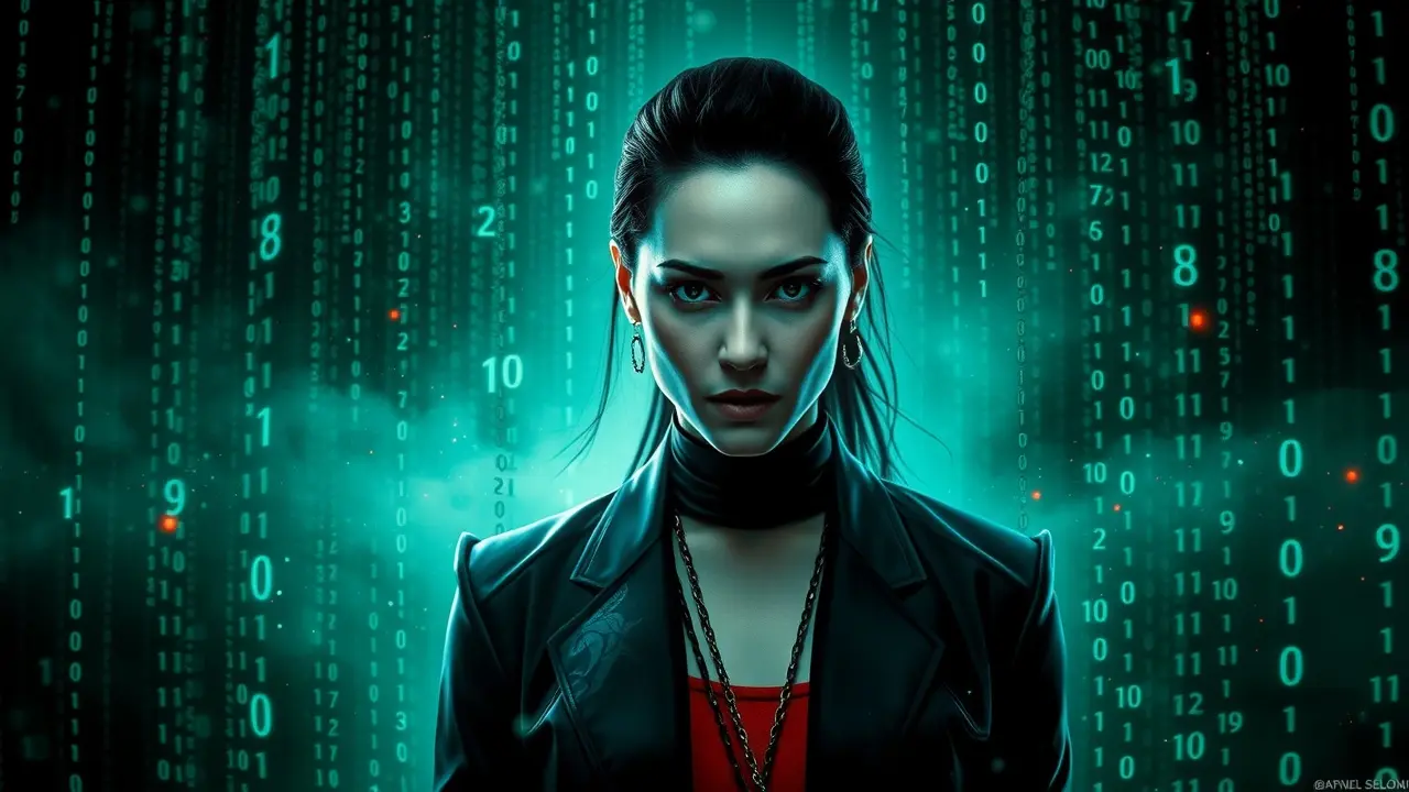Trinity em sonho rodeada de código binário.