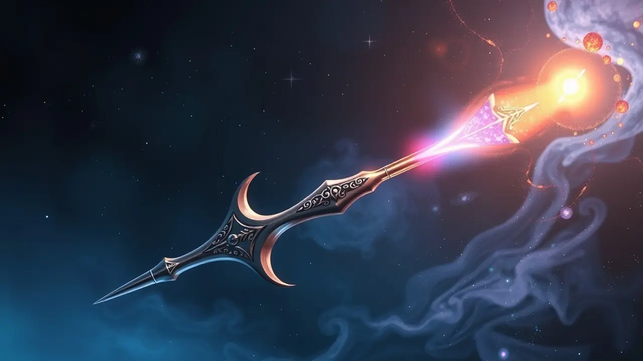 Significado de Sonhar com Trishula: Desvendando os Mistérios do Tridente Divino Trishula brilhante flutuando em espaço etéreo.